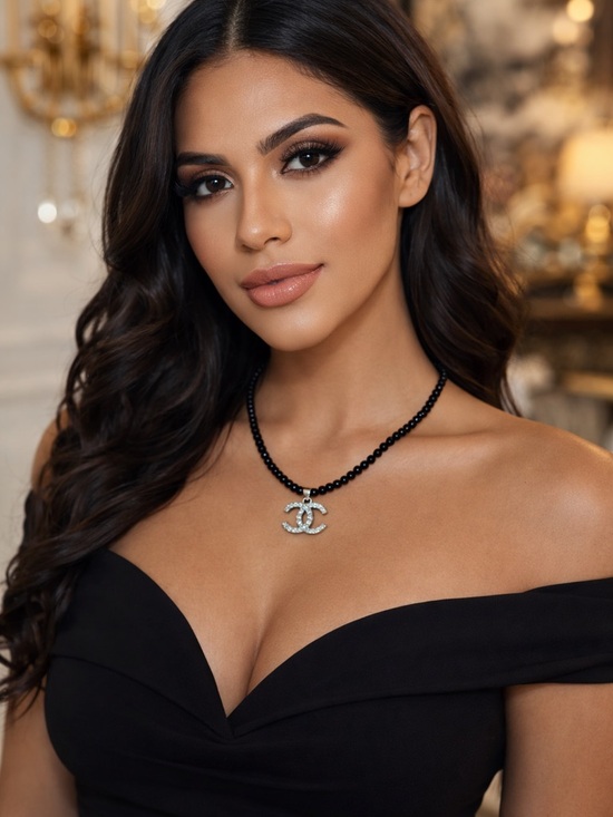 None Jewelry - Black Beaded Necklace with Silver Crystal Pendant